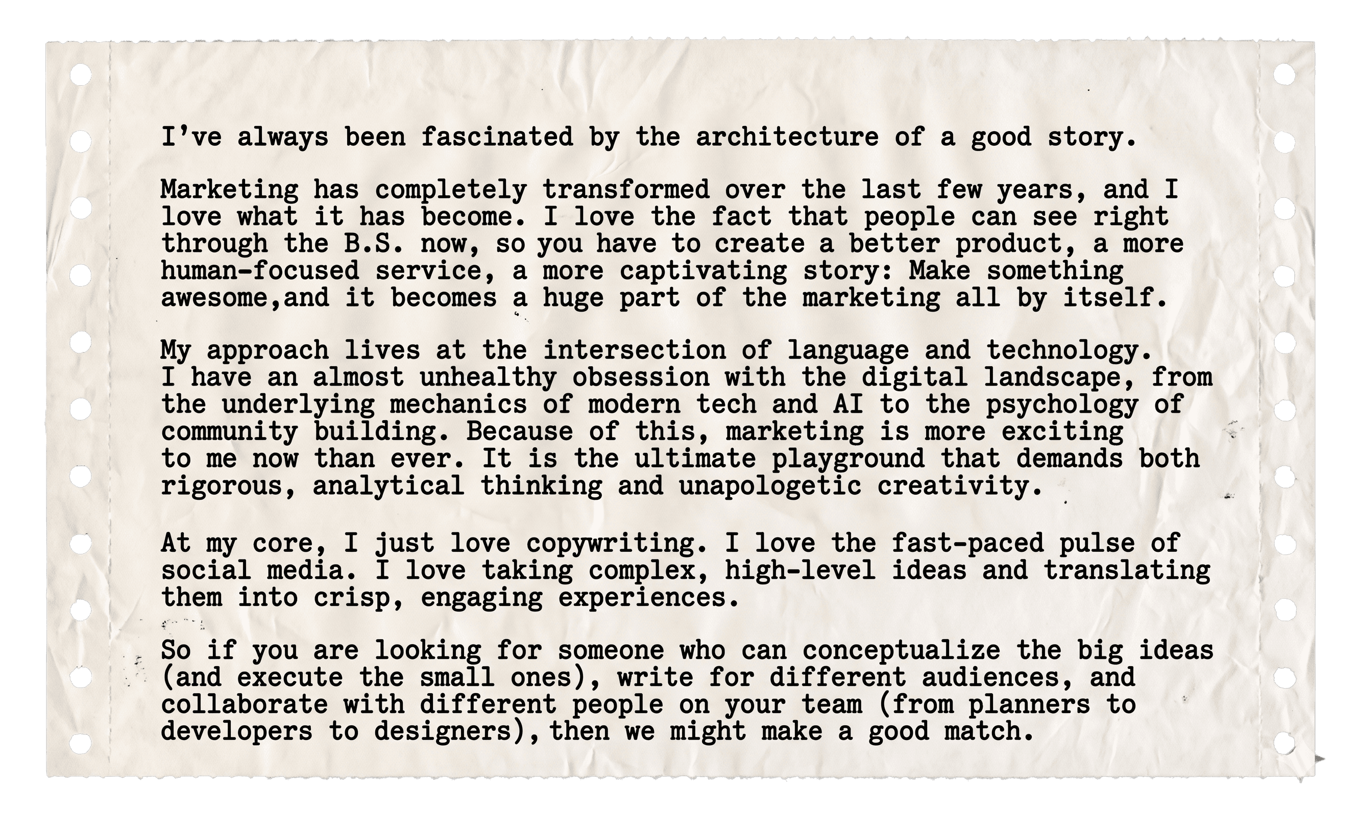 Otilia Balan manifesto letter about storytelling, marketing, technology, copywriting, and collaboration